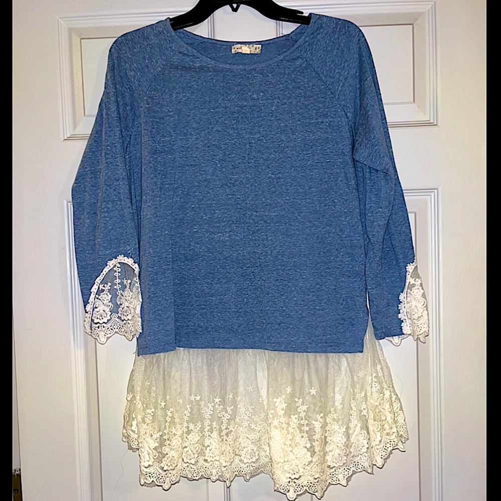 Boutique Long Sleeve Blue Blouse with Lace Detail